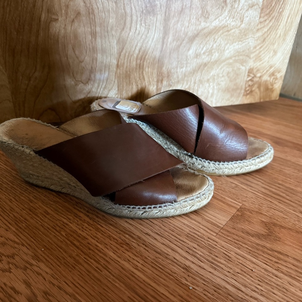 Women’s Brown Leather Espadrille Slide Wedges